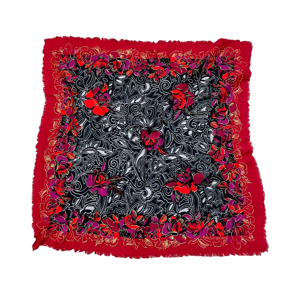Vintage YSL Wool Scarf Floral Paisley Red Black Gold 32”